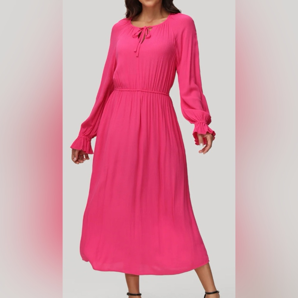 NWT 💯 Rayon Elegant Pink Long Sleeve Dress With Pockets